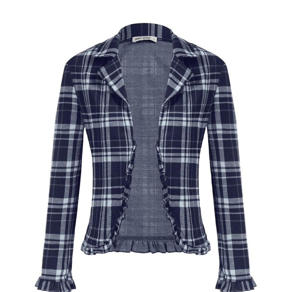 Grace Karin Blue Plaid Ruffle Blazer Jacket | Women's Size S | NWT | C949